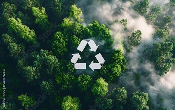 Fototapeta Green recycle symbol on grass or a vibrant background, an eco-friendly icon of environmental conservation and a clean earth