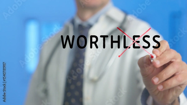 Fototapeta Doctor is crossing out the word worthless written on a virtual screen using a red marker, symbolizing overcoming feelings of inadequacy and promoting self worth
