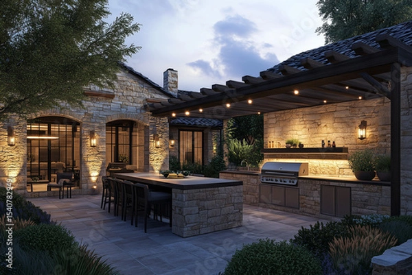 Obraz A stylish and modern outdoor summer kitchen in a stone house courtyard, matching the main house architecture, with wooden beams, a built-in barbecue