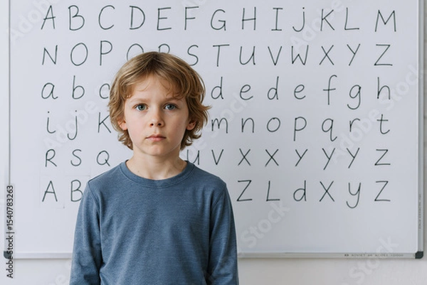 Obraz young boy standing in front of a whiteboard filled with handwritten letters, focusing on education and learning in a classroom environment
