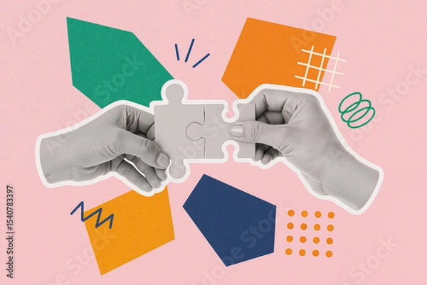 Obraz hands of diverse individuals connecting puzzle pieces together against a colorful abstract background, symbolizing teamwork and collaboration in problem-solving