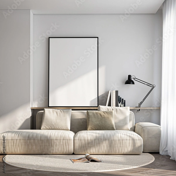 Fototapeta Frame mockup, ISO A paper size. Living room wall poster mockup. Interior mockup with house background. Modern interior design. 3D render
