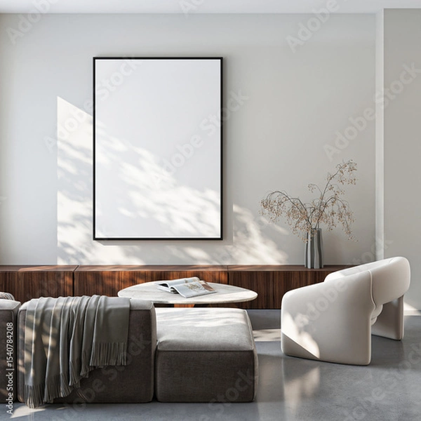 Fototapeta Frame mockup, ISO A paper size. Living room wall poster mockup. Interior mockup with house background. Modern interior design. 3D render
