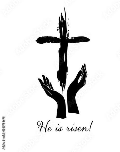 Obraz Abstraction of hands in prayer near a cross. He is risen hand drawn. Not AI, Vector.