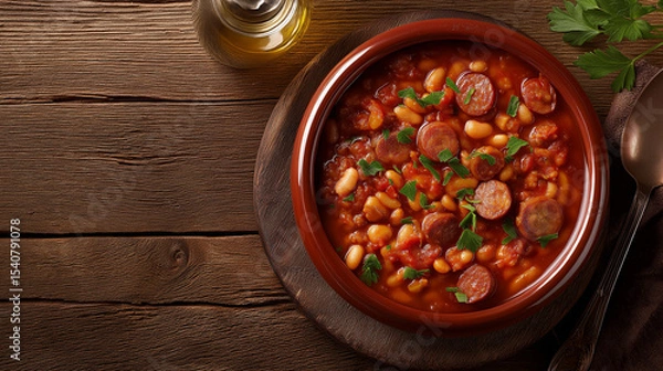 Fototapeta Fasolka po bretońsku - hearty Polish-style baked beans with sausage in tomato sauce, served in a clay bowl, thick and rich texture, rustic kitchen table background, warm tones, overhead view