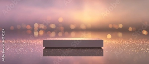 Fototapeta Silver podium with matte finish, mirror floor reflections, colorful bokeh background, atmospheric fog and light beams, fashion stage. Copy space. Generative AI