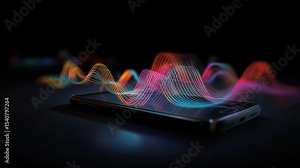 Obraz Modern smartphone displaying colorful wave data visualization on screen.
