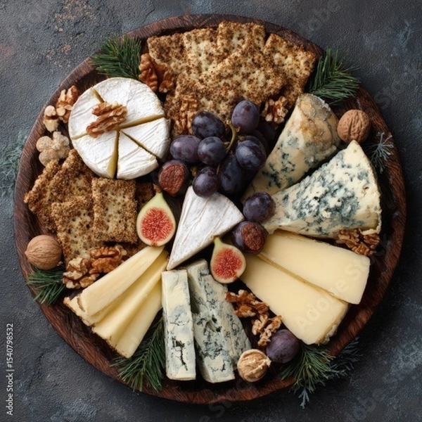 Fototapeta Top view of a cheese platter featuring blue cheese and brie, adorned with figs, grapes, nuts, and crackers, perfect for a festive Christmas or New Year's celebration on a dark grey background.