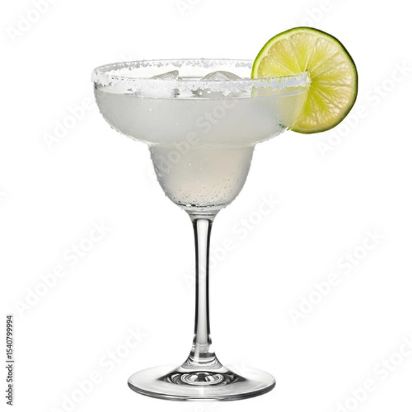 Fototapeta A classic, refreshing margarita cocktail with a salted rim and lime garnish on isolated transparent background, for a festive bar menu.