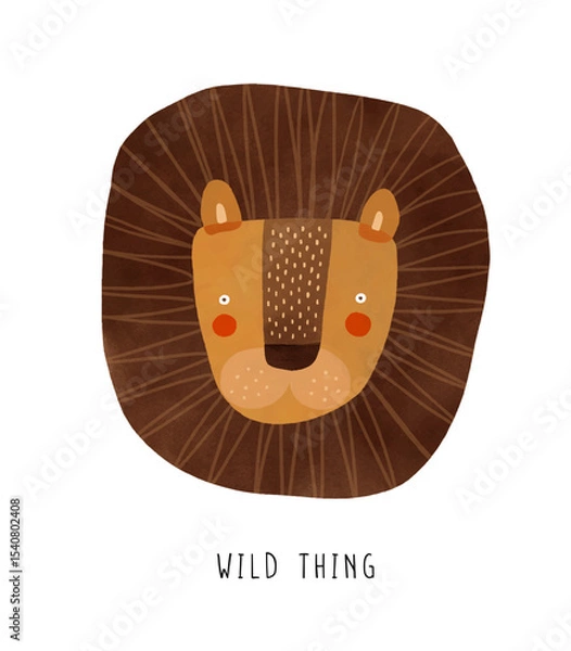 Obraz Wild Thing. Funny Hand Drawn Lion On a White Background. Head Of Wild Cat. Safari Print Ideal For Wall Art, Poster, Kids' Room Decoration. Vector Illustrations Of Cute Dreamy Lion.