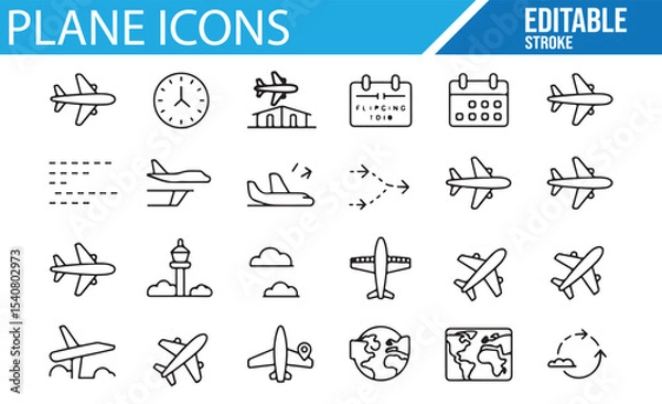 Obraz Line art vector icons showing various airplane types, departure, and arrival symbols for aviation use.
