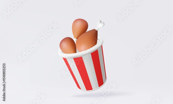 Obraz Mockup red white paper box with fried chicken leg isolated on pastel background. Package bucket drumstick fastfood product design. 3d vector icon illustration.