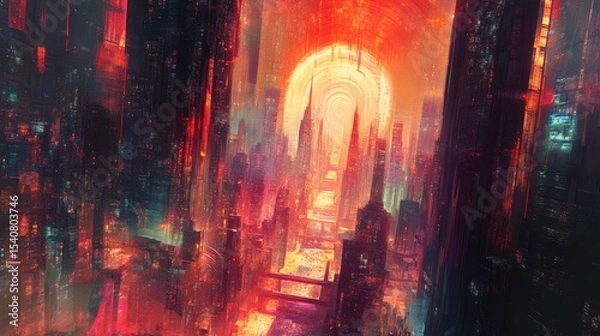 Fototapeta Crimson Metropolis: A Cyberpunk Cityscape of Abstract Hues