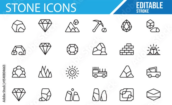 Fototapeta Set of rock and gemstone icons, including mining and excavation-related icons.