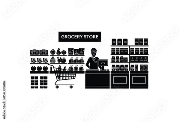 Fototapeta Grocery store vector in black color on white background.