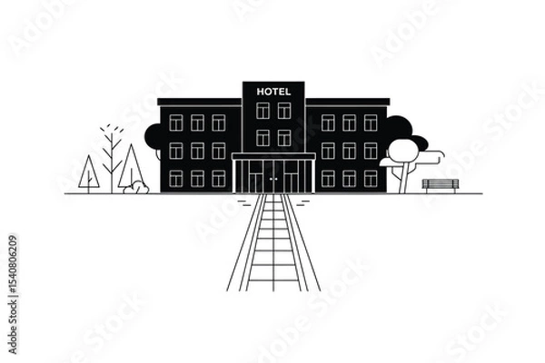 Fototapeta Hotel building vector icon in black color on white background.