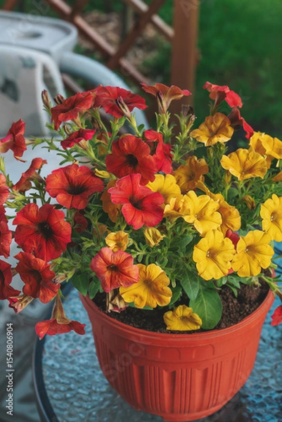 Fototapeta Pethoa is a vegetative petunia. A hybrid plant obtained by crossing petunia and calibrachoa. Hanging pot with yellow and terracotta Caramel Yellow flowers