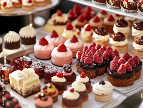 Fototapeta Raspberry and Chocolate Mini Cakes Dessert Buffet Display,Bakery,Pastries ,Dessert Table,Sweet Treats