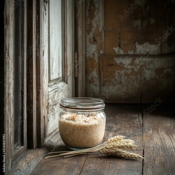 Fototapeta Rustic Glass Jar of Creamy Oat Mixture with Wheat, Baking, Fermentation , oat, sourdough