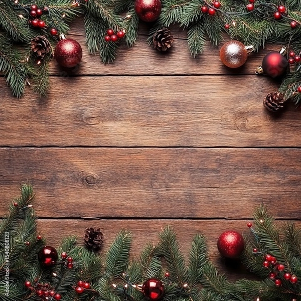 Fototapeta Rustic Wooden Christmas Background Ornaments, Pine, Berries, Holiday Decor, Christmas Background, Festive Background