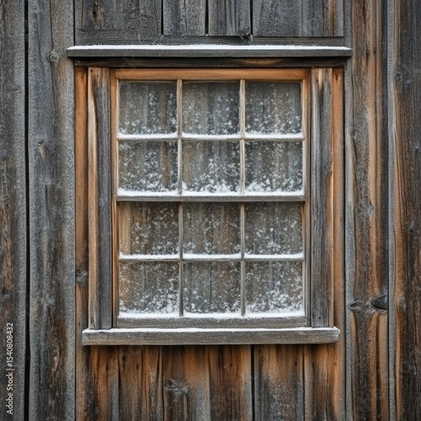 Fototapeta Snowy Windowpane in Rustic Wooden Frame, Winter Scenery , Farmhouse Window