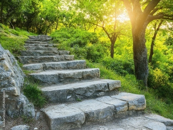 Fototapeta Stone Steps in Sunlit Forest, Nature Trail, Steps , Hiking, Landscape