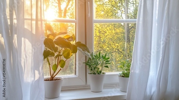 Fototapeta Sunlit Window Plants Indoor Greenery, White Curtains, Autumn View, Home Decor Houseplants, Windowsill