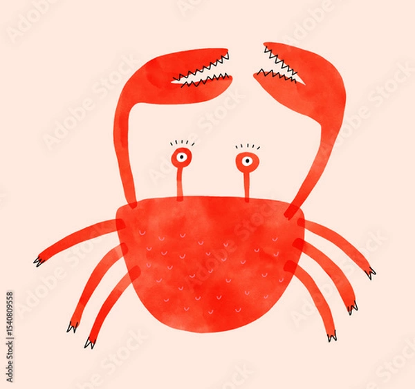 Obraz Cute Cheerful Red Crab With Large Claws. Nursery Vector Art With Funny Red Crab Isolated On A Pastel Pink Background. Sealife. Childish Art Of Crab.