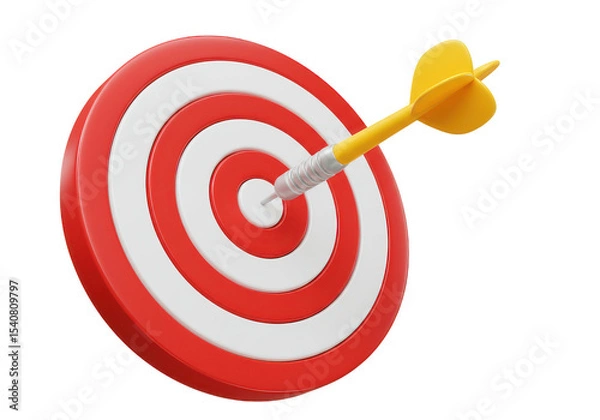 Fototapeta Red and white target with yellow dart hitting the center showing accuracy and precision in business on transparent background
