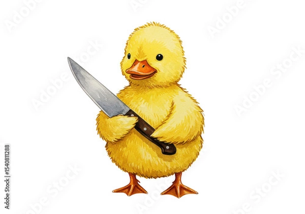 Obraz A fluffy yellow duckling stands holding a shiny metal knife with a dark handle in its wings on transparent background