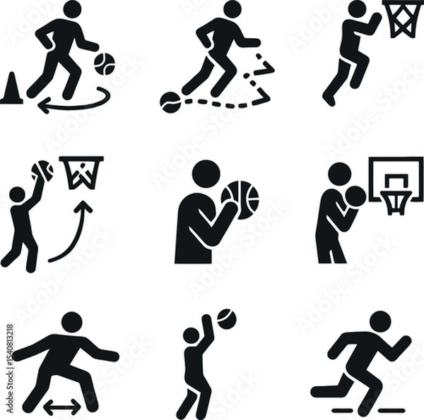 Fototapeta Basketball training icons of player shooting, dribbling, jumping, running and guarding in black silhouette for athletic action concepts.