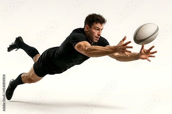 Fototapeta Rugby Player Making a Diving Catch: Action Shot
