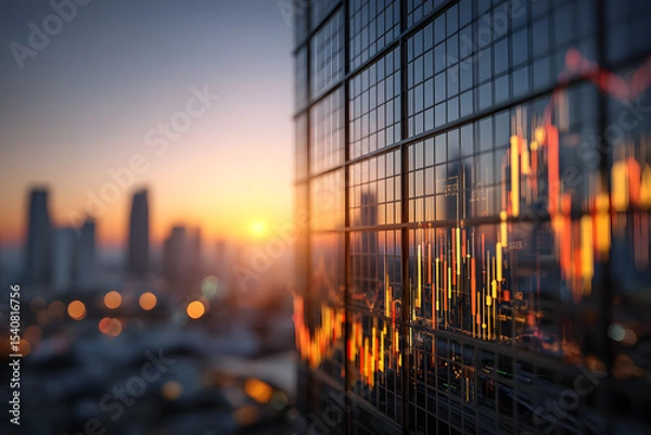 Fototapeta City skyline with stock market graph reflected on building at sunset