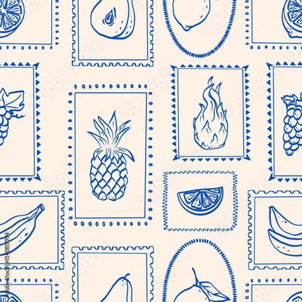 Obraz Fruits summer hand drawn seamless pattern.  Sketch drawing. Dragon fruit, pineapple, citrus, banana, apple, grape, lemon. Vector illustration.