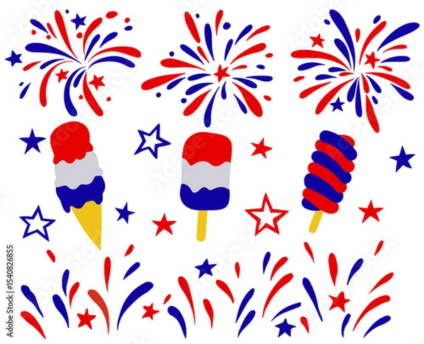 Fototapeta Vector set of fireworks and elements for American Independence Day.