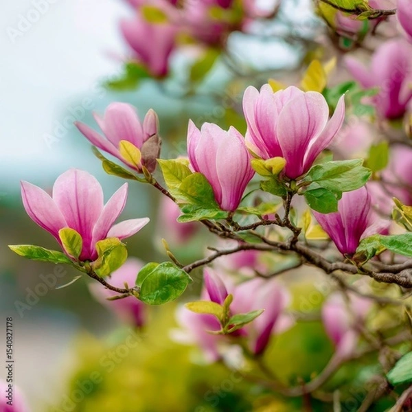 Fototapeta a flowering magnolia tree with large pink blooms and glossy green leaves in a spring garden