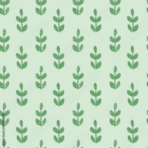 Obraz Seamless vector repeat pattern with tiny ditsy leaf block print half drop in soft spring greens with weathered texture. Calming universal background with ditsy abstract botanical shapes. 