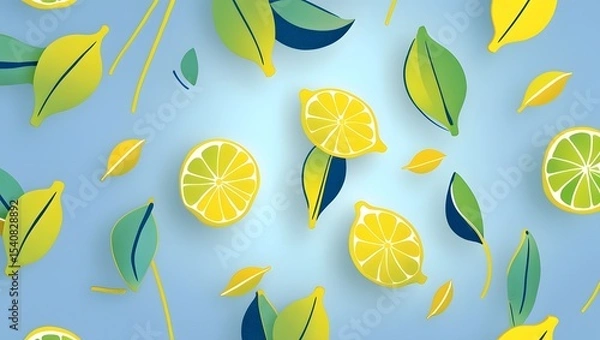 Fototapeta Whimsical Lemon and Lime Leaf Design for Fabric and Accessories
