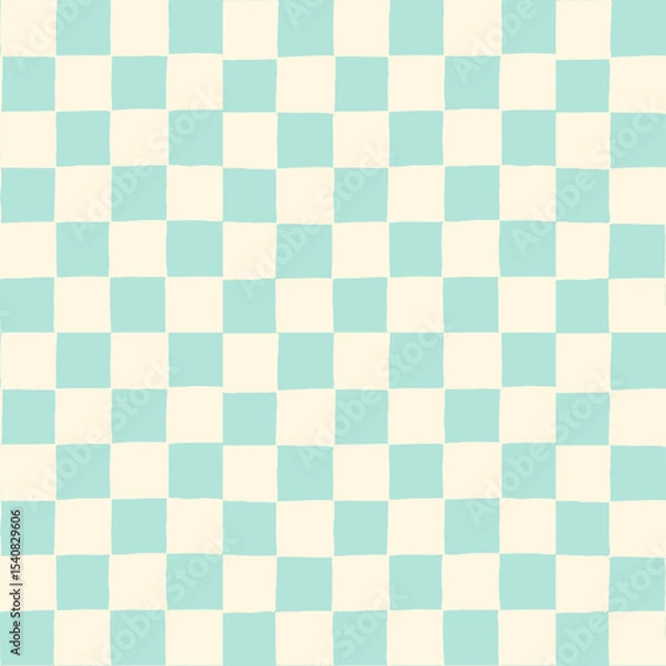 Obraz seamless repeating pattern with small hand drawn checkerboard in soft turquoise teal aqua and cream. Stylish summer checker for cosmetics, fabric, classy packaging projects, wallpaper, stationery