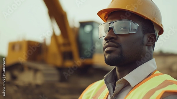 Fototapeta Confident African male construction or mining worker, yellow safety helmet and work shirt, standing folded arms in front of a large yellow dump truck. Mining or construction site. professionalism and 
