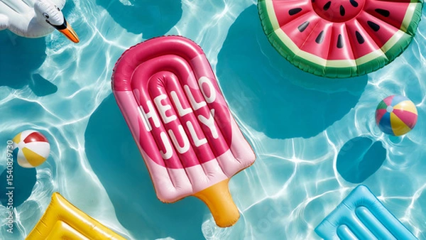 Obraz Hello July! Colorful pool floats and inflatable mattresses arranged in crystal-clear turquoise water.