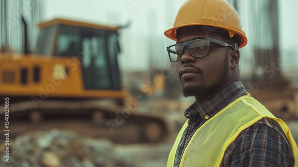 Fototapeta Confident African male construction or mining worker, yellow safety helmet and work shirt, standing folded arms in front of a large yellow dump truck. Mining or construction site. professionalism and 