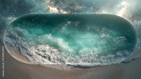 Obraz Abstract Curved Shoreline in Teal and Turquoise with Cosmic Galaxy Background