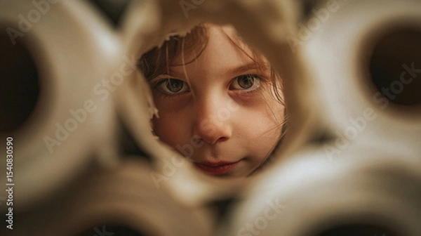 Obraz A curious child peeking through a hole in a stack of toilet paper rolls with a playful expression on face