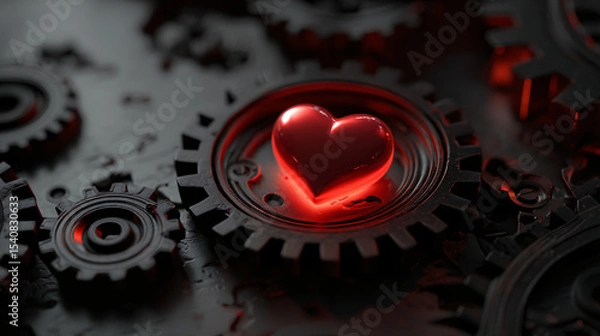 Obraz Red Heart Surrounded by Black and Red Gears Abstract Background