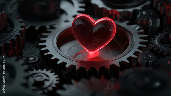 Obraz Red Heart Surrounded by Black and Red Gears Abstract Background