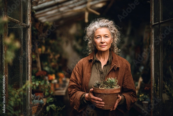 Obraz Woman with curly gray hair holding a potted plant in a greenhouse surrounded by greenery and natural light