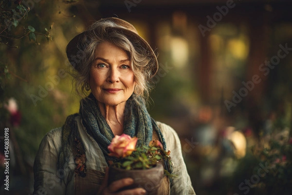 Obraz Portrait of a smiling senior woman in a garden holding a potted rose with a hat and scarf on