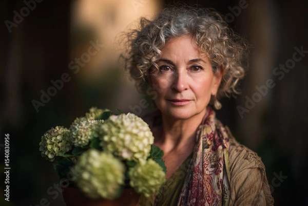 Obraz Portrait of a woman with curly gray hair holding a bouquet of flowers in a softly lit environment