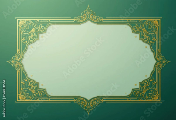 Obraz Elegant Islamic Golden Frame on Green Background – Decorative Border Template for Islamic Invitation or Certificate